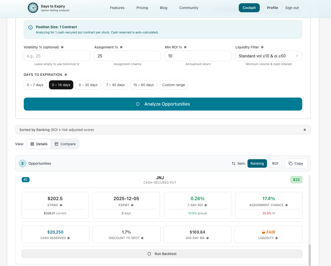 Conservative stock screening showing lower premiums for risk-averse CSP strategies