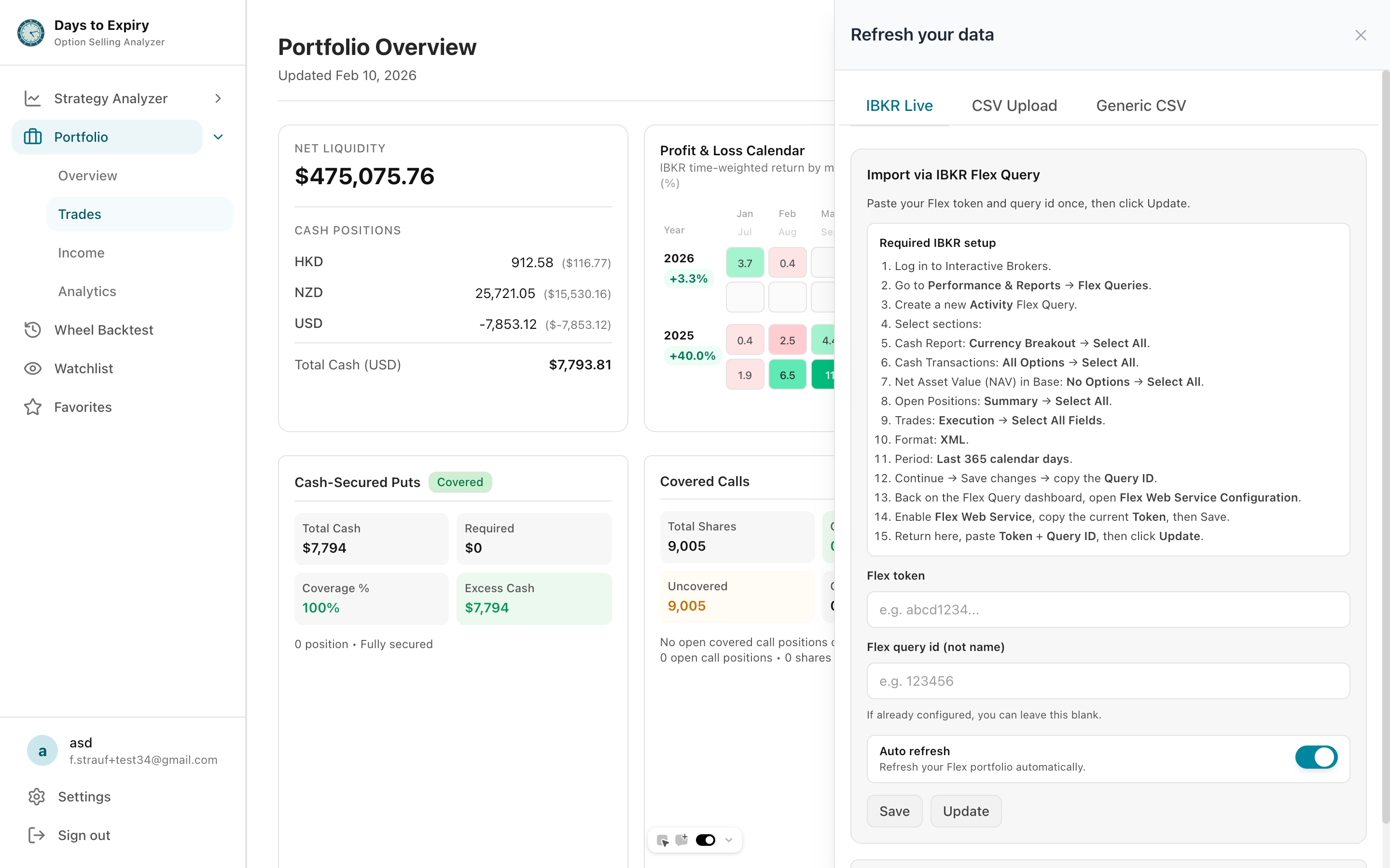 Interactive Brokers live connection showing synced portfolio data