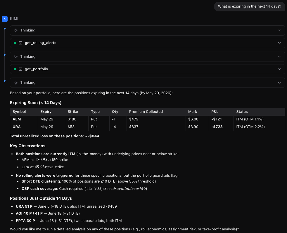 Kimi Code interface showing a real MCP query about expiring portfolio positions with tool calls and tabular results