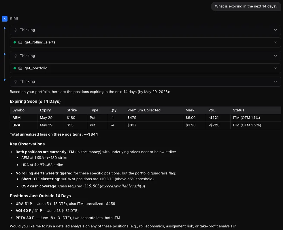 Kimi Code interface showing a real MCP query about expiring portfolio positions with tool calls and tabular results