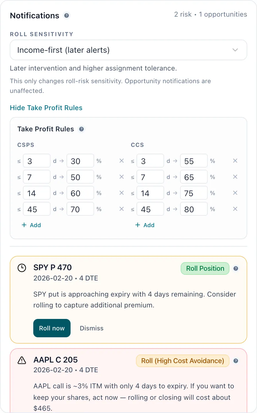 Notification configuration panel with take-profit and income-goal alerts