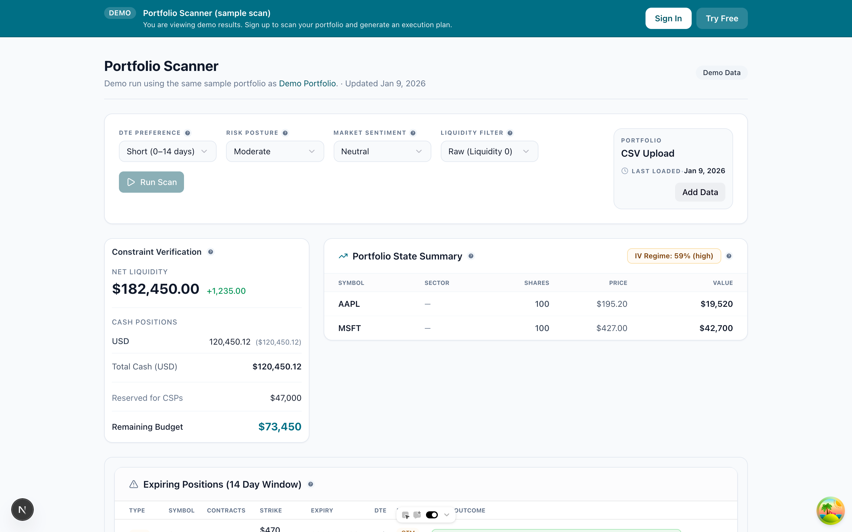 Portfolio scanner overview with holdings, liquidity, and expiring positions