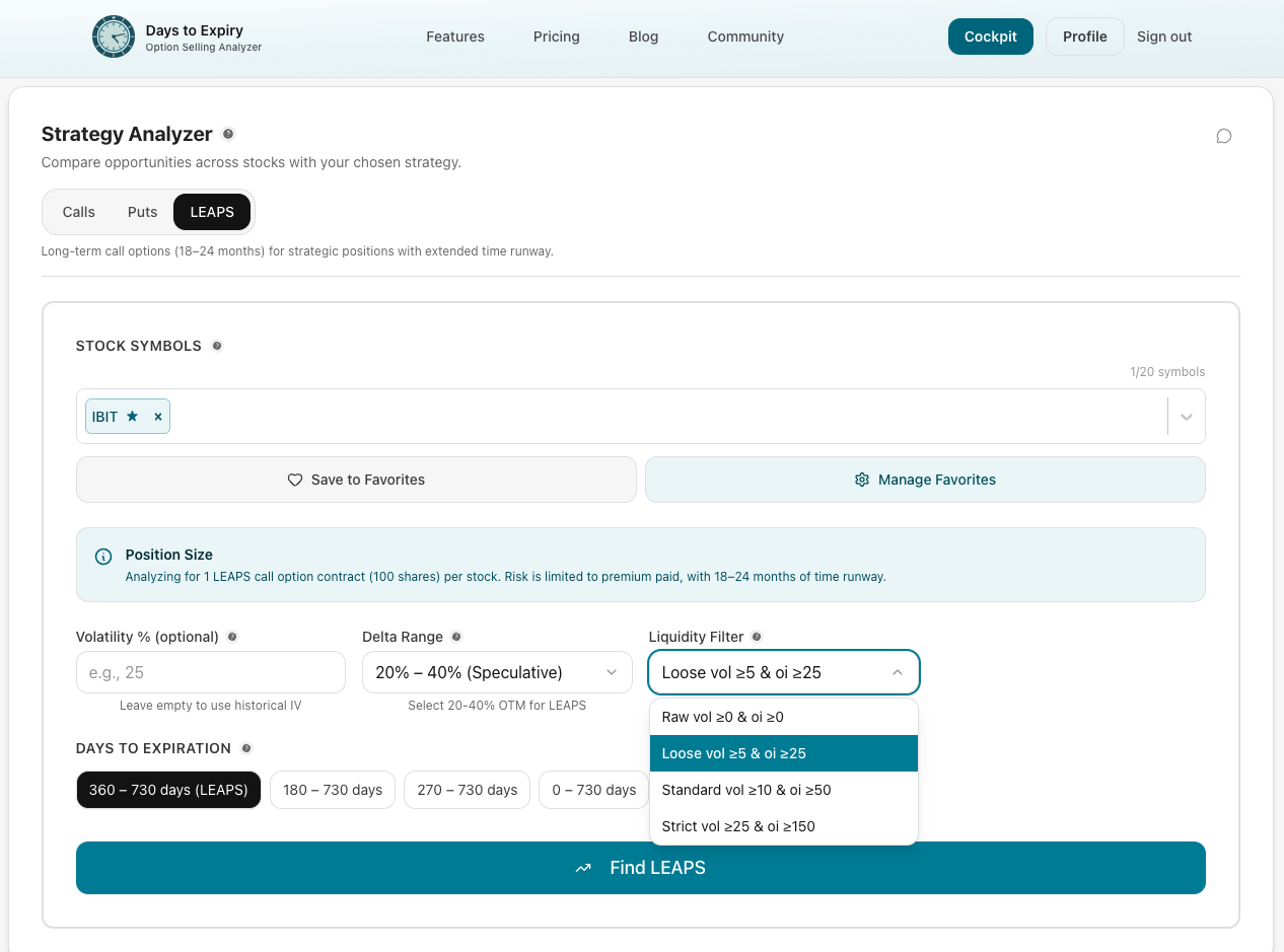 LEAP finder liquidity analysis and IV screening tool for capital-efficient option trading