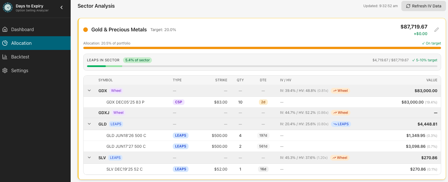 LEAPS portfolio management dashboard and PMCC position structure